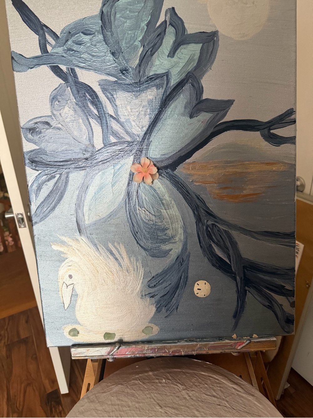 Hand-Painted Blue Floral Canvas Art with White Swan